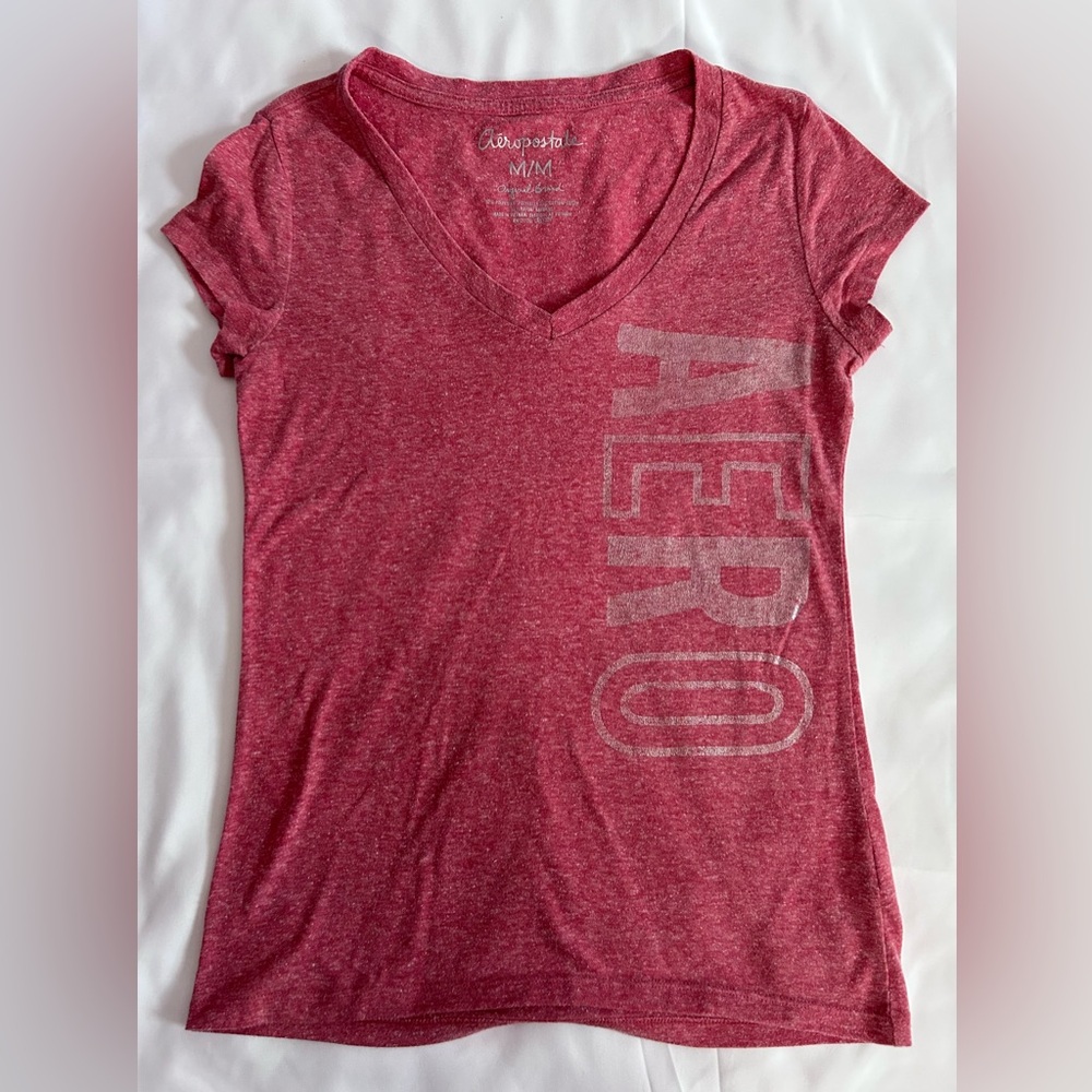 Aeropostale V-Neck Red T-Shirt Featuring the "Aero" Logo on Chest Size Medium